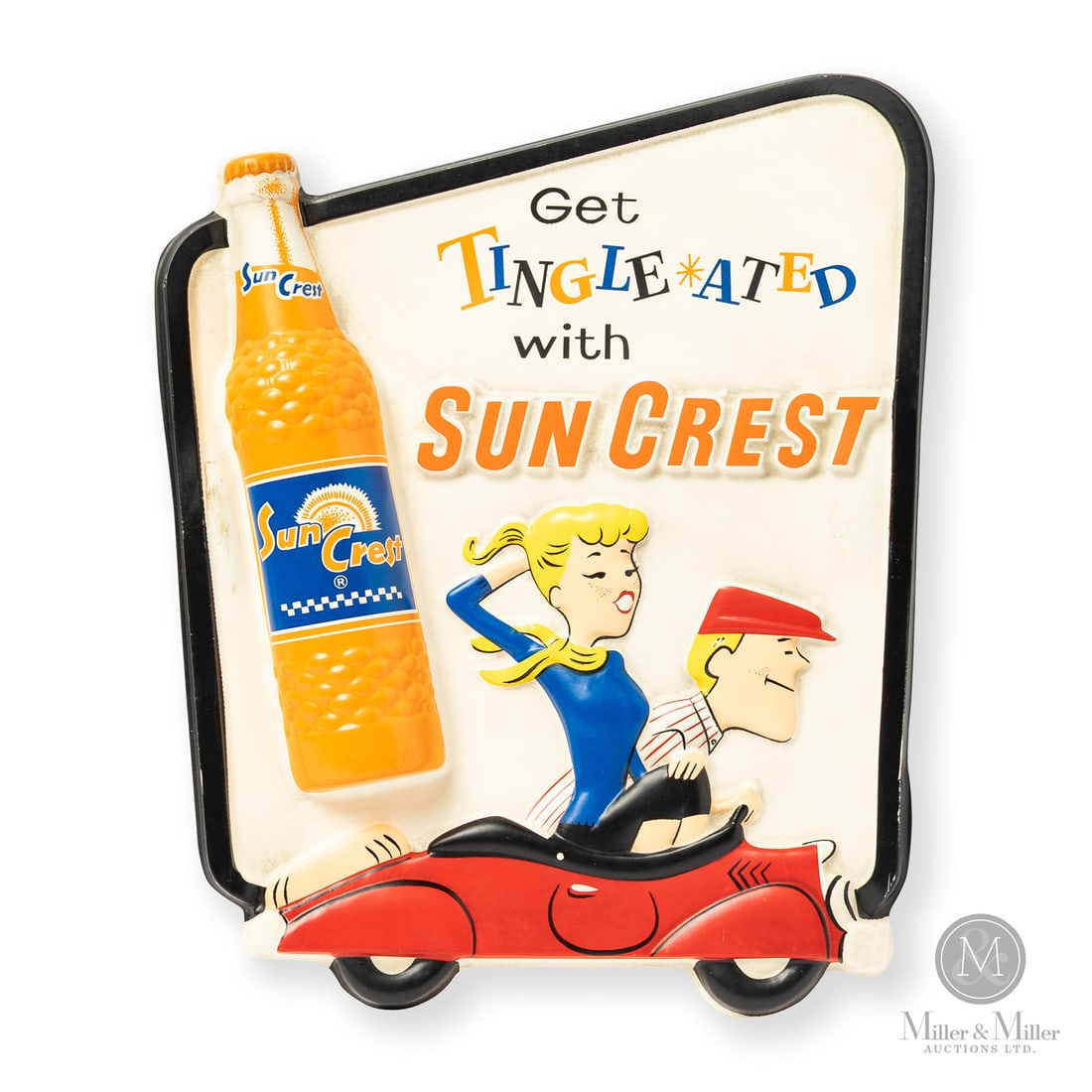 Sun Crest Soda Vacuum-Formed Plastic Sign: Canadian. 1960s. Vacuum formed plastic (VFP). Grade: 8.75. Very fragile piece that rarely survives in this condition. Excellent colour and lustre. Free of splits. Minor soil to surface, particularly