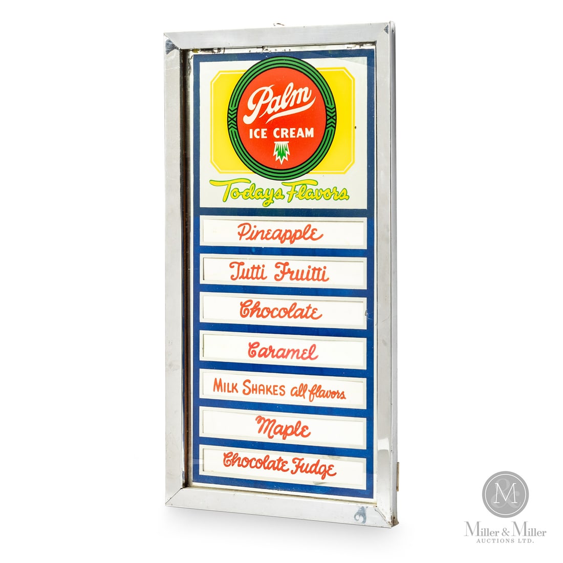 Palm Ice Cream Flavour Menu Board: Canadian. 1940s. Metal-framed mirror with paper-flavour inserts. Excellent colour. Wear with loss along upper edge. Minor oxidation and pitting to frame. Pinpoint staining throughout field. Retains pe