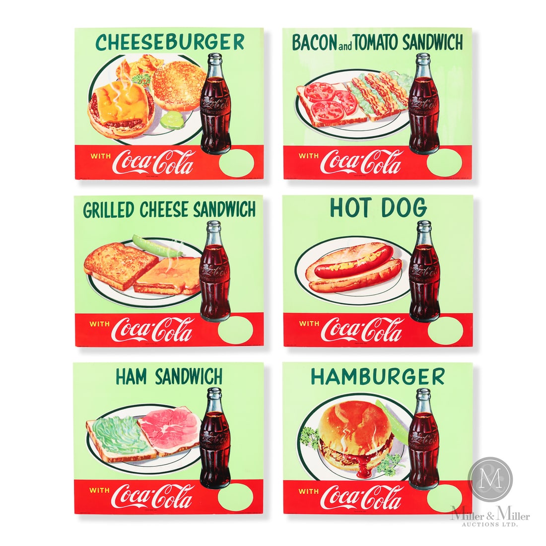 Coca-Cola Diner Menu Poster Set: Canadian. 1950s. Single-sided lithographed cardboard. Marked, "Coca-Cola Ltd", lower left. Marked, "Lithographed in Canada Code no 593 and 595", lower right. Excellent colour. Minor edge wear. 12" x