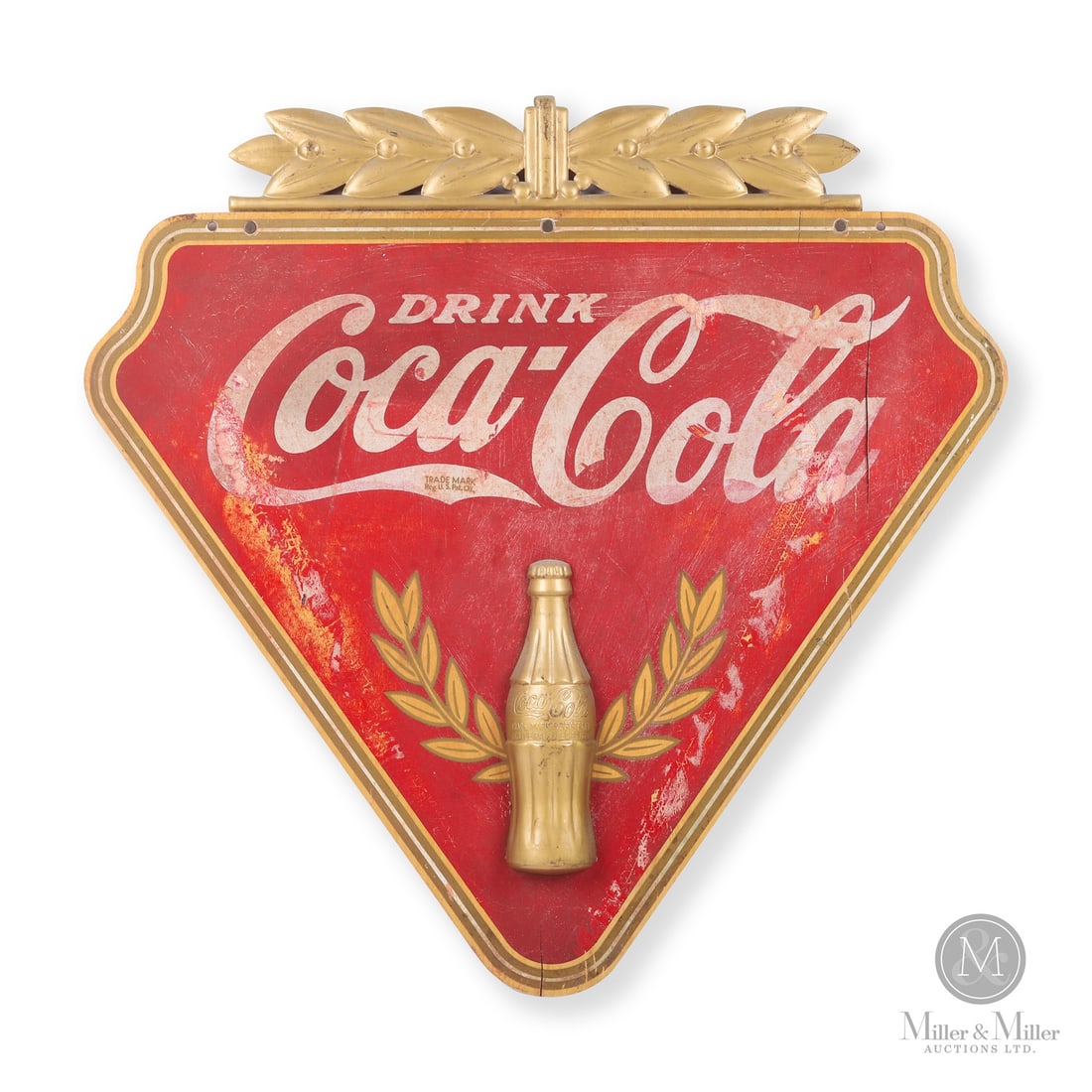 Coca-Cola Kay Displays Triangle Sign: American. 1930s. Painted wood. Metal bottle and trim. Stamped, "Kays Displays Inc", on reverse. Scarce. Shows well-balanced fade with paint wear and natural patina. Pressure split in the upper right m