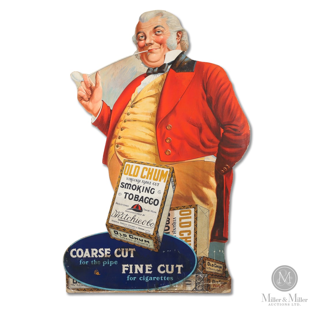 Old Chum Tobacco Die-Cut Display: Canadian. 1920s. Single-sided die-cut cardboard (SSC). Excellent colour. Staining to the lower quarter. There is a loss to the paper lithograph over the cardboard at the lower right edge. Die-cut: 33.