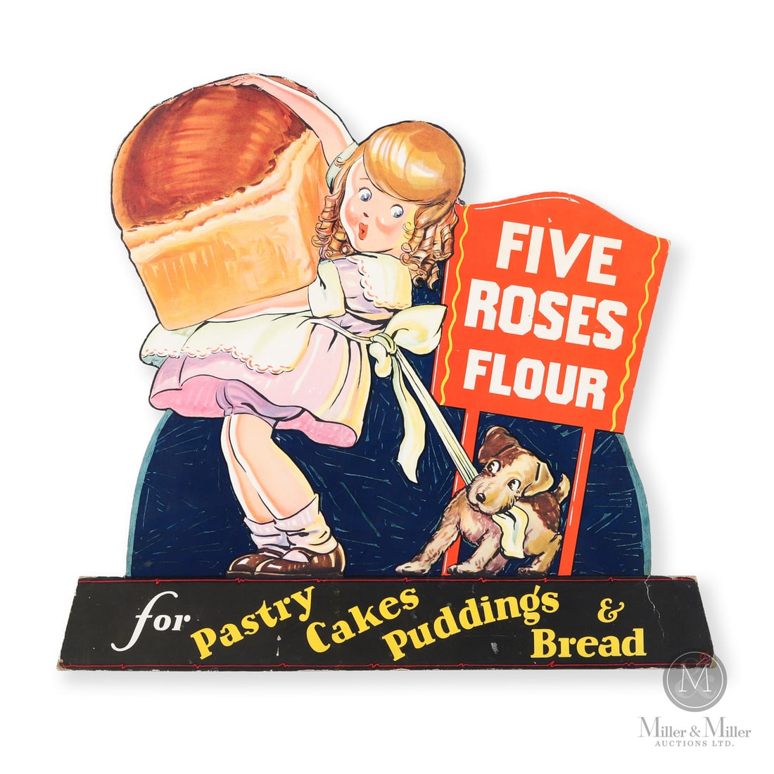Five Roses Flour Store Counter Sign: Canadian. 1940s. Single-sided die-cut cardboard with easel back (SSC). Marked, with an "A" in a circle, lower right. Excellent colour. Minor creasing at corners and edges. Mounting pin holes in upper