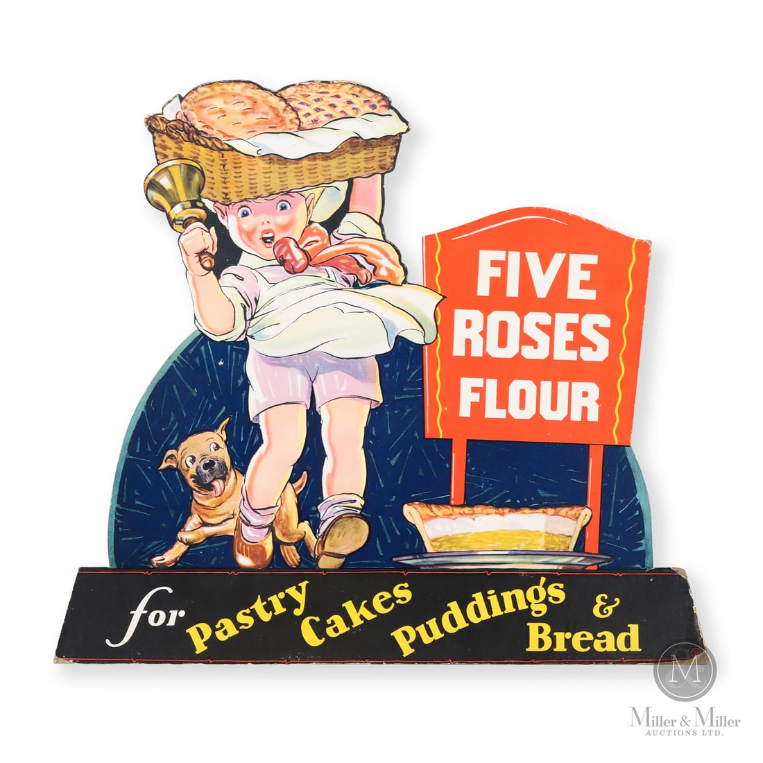 Five Roses Flour "Town Crier" Store Counter Sign: Canadian. 1940s. Single-sided die-cut cardboard with easel back (SSC). Marked, with a "B" in a circle, lower right. Excellent colour. Minor creasing at corners and edges. Retains easel. 18” x 20