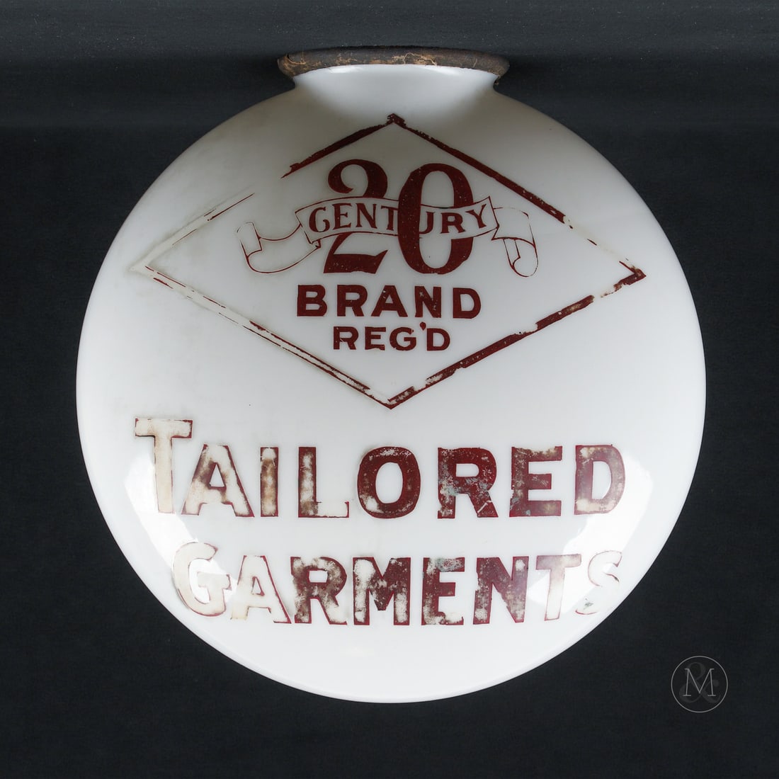 20 Century Brand Tailored Garments Globe: Canada. Early 1900s. One-piece etched milk glass (OPE). The "20th Century" brand was owned by the Lowndes Company, Ltd., a prominent clothing manufacturer based in Toronto, Ontario. Founded by Charles