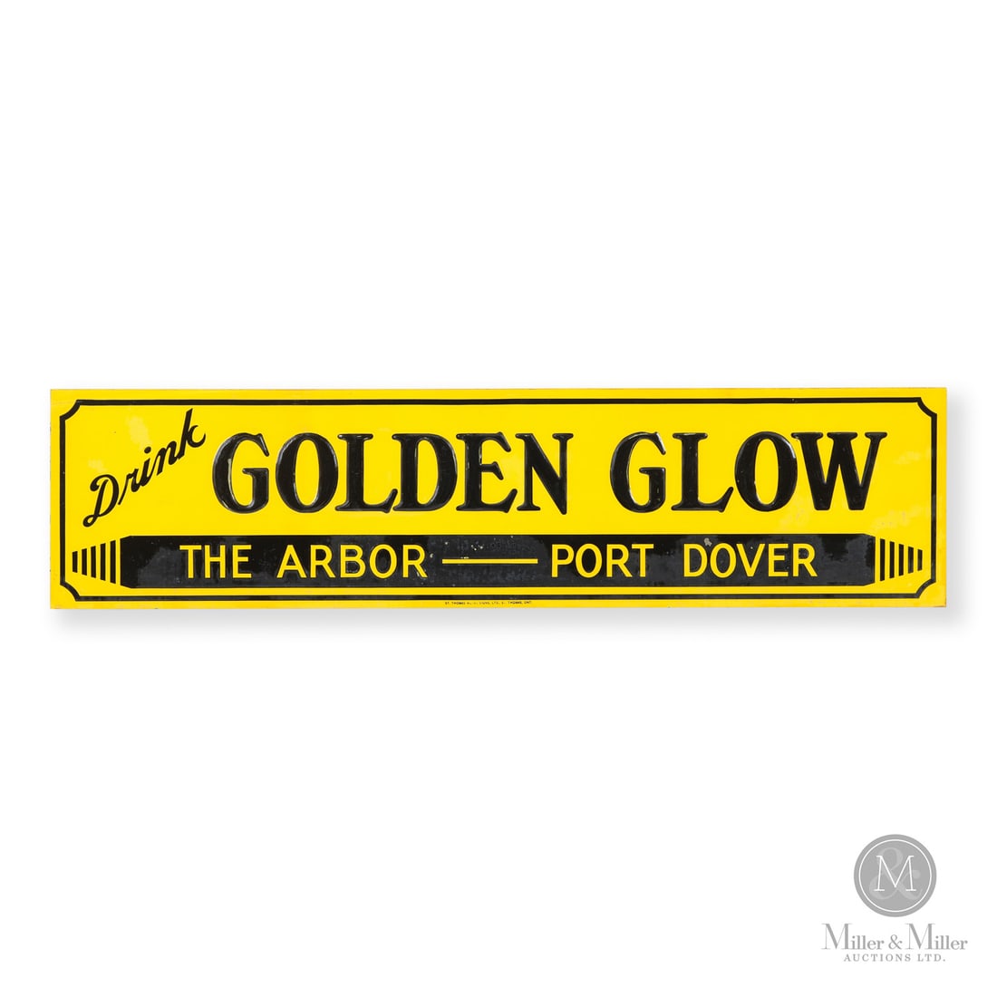 The Arbor Port Dover "Golden Glow" Beverage Sign: Canada. 1930s. Single-sided tin (SST). The Arbor restaurant officially opened in 1920 with initial focus on ice cream. After WWII they shifted the menu from ice cream (which was scarce during the war)