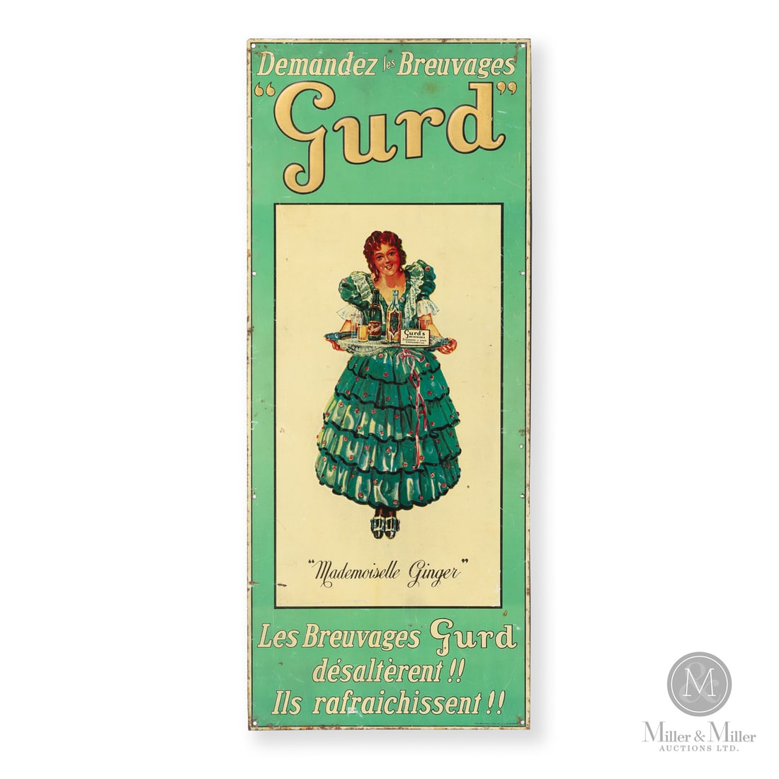 Gurd Beverages "Mademoiselle Ginger" Sign: Canada. 1910s-Early 1920s. Embossed single-sided tin (SST). Gurd beverages was founded by Charles Gurd in Montreal in 1868. The company became one of the most recognized brands in Canada, particularly