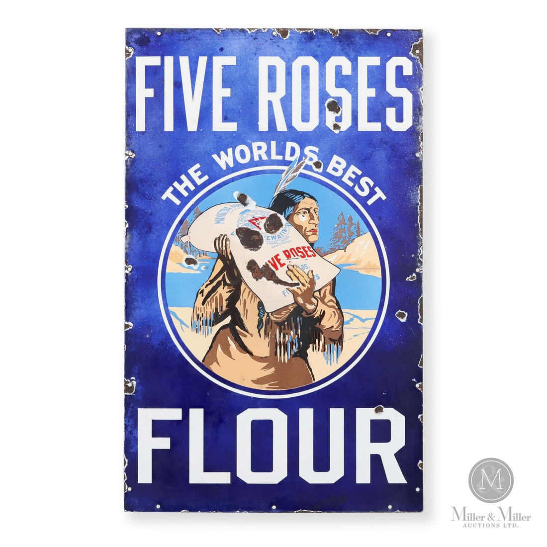 Five Roses Flour Sign: Canadian. 1920s. Single-sided porcelain (SSP). Five Roses Flour became a pantry staple across Canada following its launch in 1888 by the Lake of the Woods Milling Company in Keewatin, Ontario. The bra
