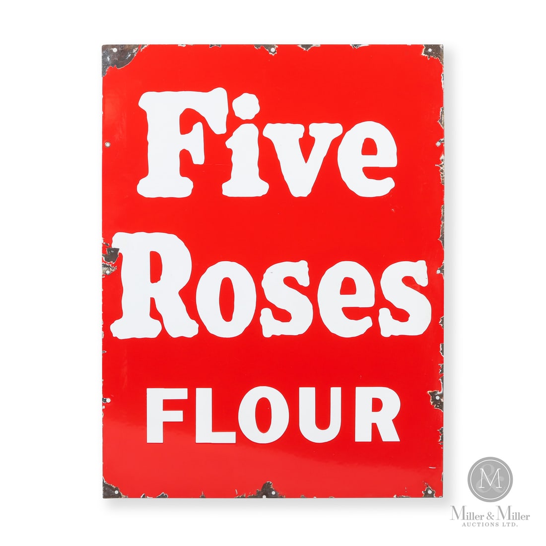 Five Roses Flour Sign: Canada. 1930s. Single-sided porcelain (SSP). Unmarked. Grade: 8.5. Excellent colour and gloss. Minor surface abrasions. Minor nicks, edge chips and chips surrounding mounting holes (particularly corne