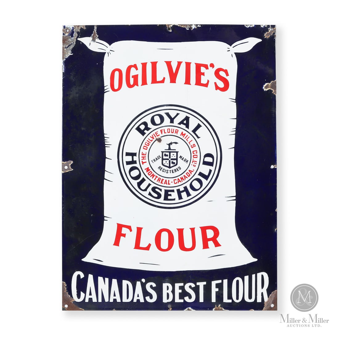 Ogilvie's Royal Household Flour Sign: Canada. 1930s. Single-sided porcelain (SSP). The "Royal Household" branding was a direct result of the company's official recognition by the British Monarchy. This type of labelling was intended to si