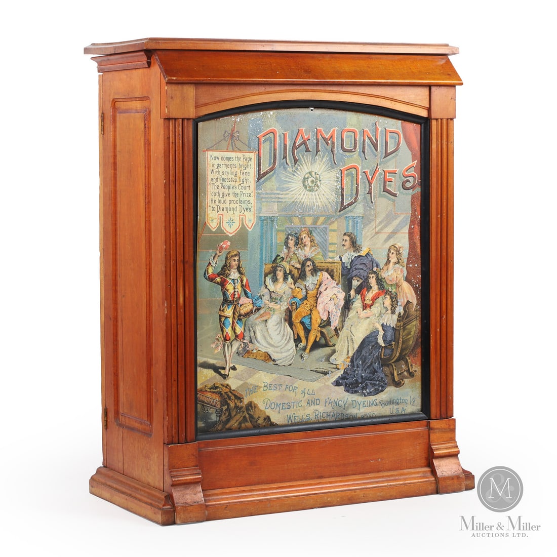 Diamond Dyes "People's Court" Store Display Cabinet: American. 1890s. Wood cabinet with single-sided tin (SST) panel. The Diamond Dye cabinets epitomize the optimism and colour charateristic of the end of the Victorian era. This is a scarcer example cal