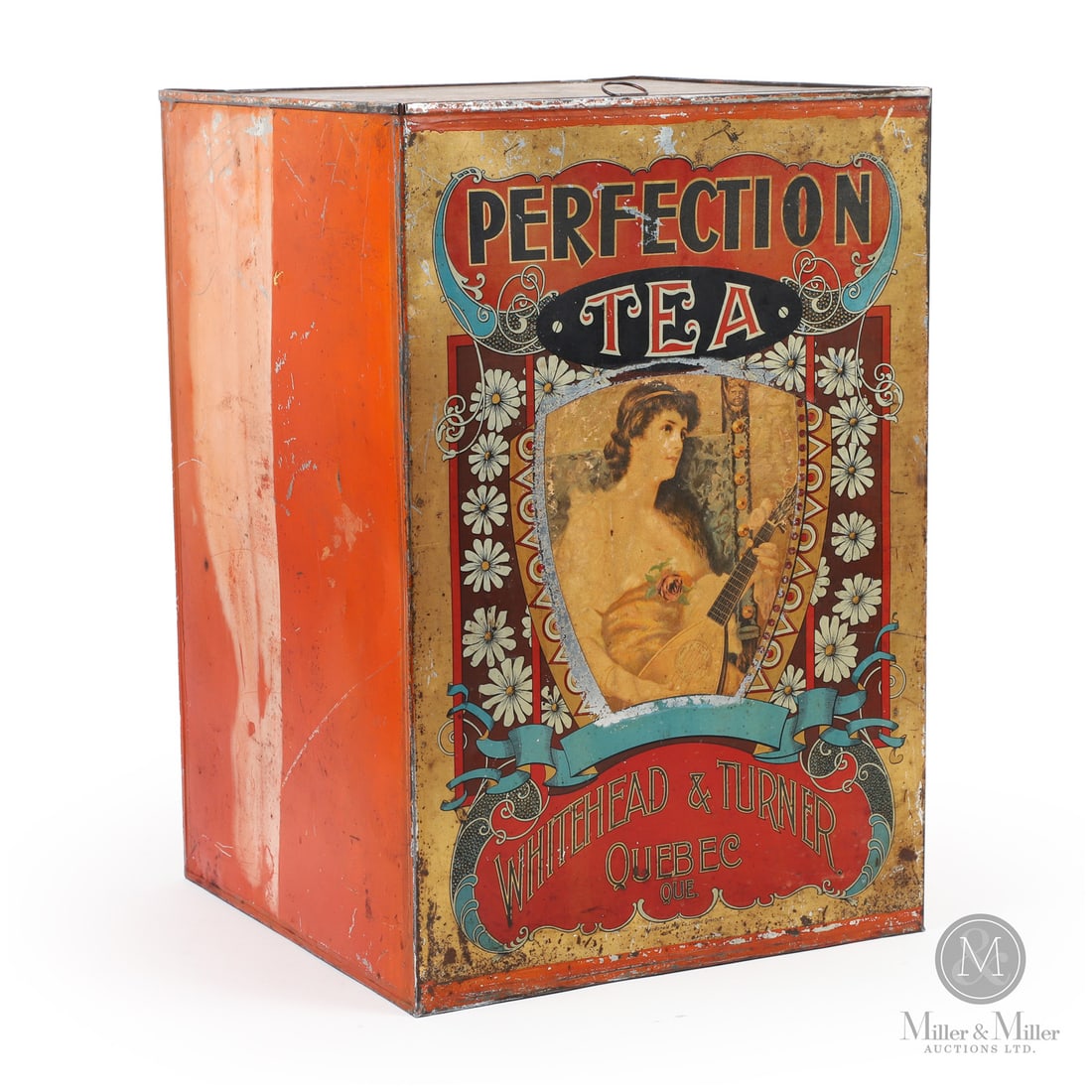 Whitehead & Turner Perfection Tea Store Display Bin: Canadian. 1890s. Lithographed tin. A large advertising bin featuring the popular Victorian image of a woman playing the mandolin. Marked, lower centre of front panel. Grade: 8.5. Strong colour to fron