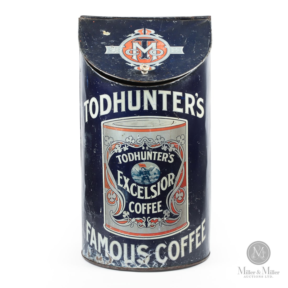 Todhunter Excelsior Coffee Store Display Bin: Canadian. 1920s. Lithographed tin. Grade: 8.25. Good, all original condition. Strong colour and lustre. Central image is strong. Footwear with surface loss and impressions around the lower edge. Old r