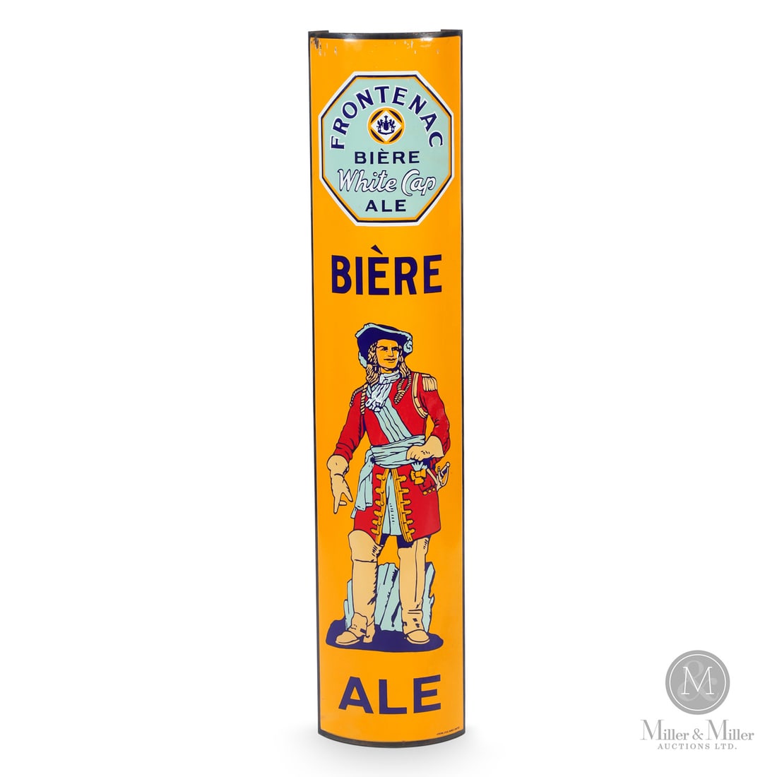 Frontenac Breweries "Count of Frontenac" 4' Corner Sign: Canadian. 1930s. Single=sided porcelain (SSP) curved corner sign. Features a detailed, colourful image of Louis de Buade, Comte de Frontenac, the man Frontenac Breweries was named for. Louis de Buade,