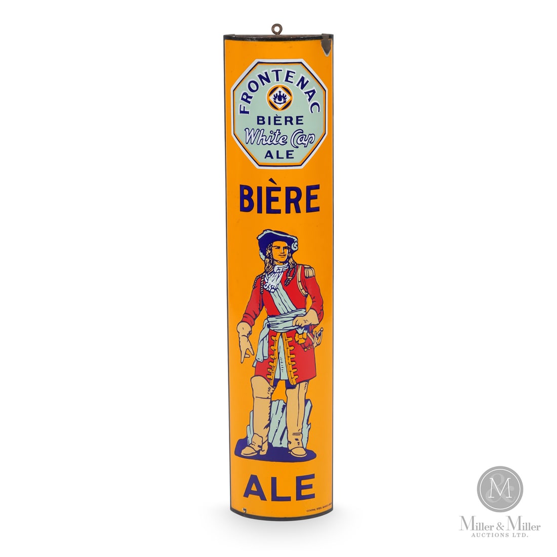 Frontenac Breweries "Count of Frontenac" 30" Corner Sign: Canadian. 1930s. Single-sided porcelain (SSP) curved corner sign. Features a detailed, colourful image of Louis de Buade, Comte de Frontenac, the man Frontenac Breweries was named for. Louis de Buade,