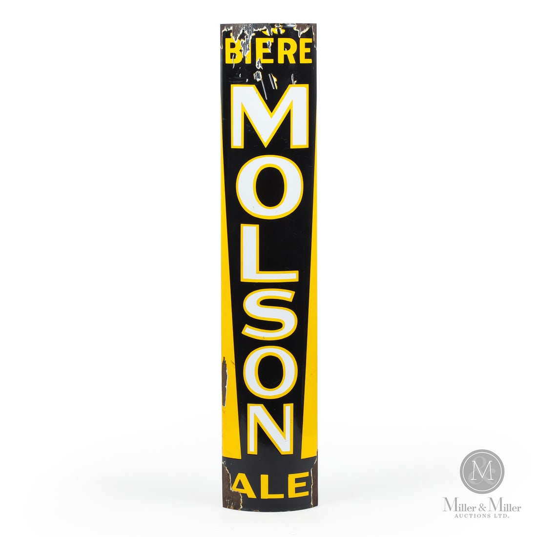 Molson Biere Ale Corner Sign: Canadian. 1930s. Single-sided curved porcelain (SSP). Smaller 30" version. Grade: 8.25. Excellent colour and gloss. Field and edge chips. Porcelain losses to sections across the upper margin. Stress c