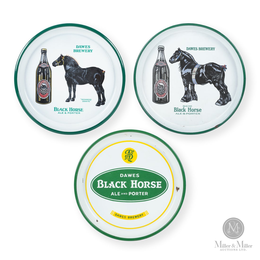 Dawes Brewery Black Horse Ale Beer Trays: Canadian. 1930s/1940s. Single-sided porcelain (SSP). Includes three different versions, including "Rookwood Granite", "Script", and unnamed horse examples. All have excellent colour and gloss. Light s