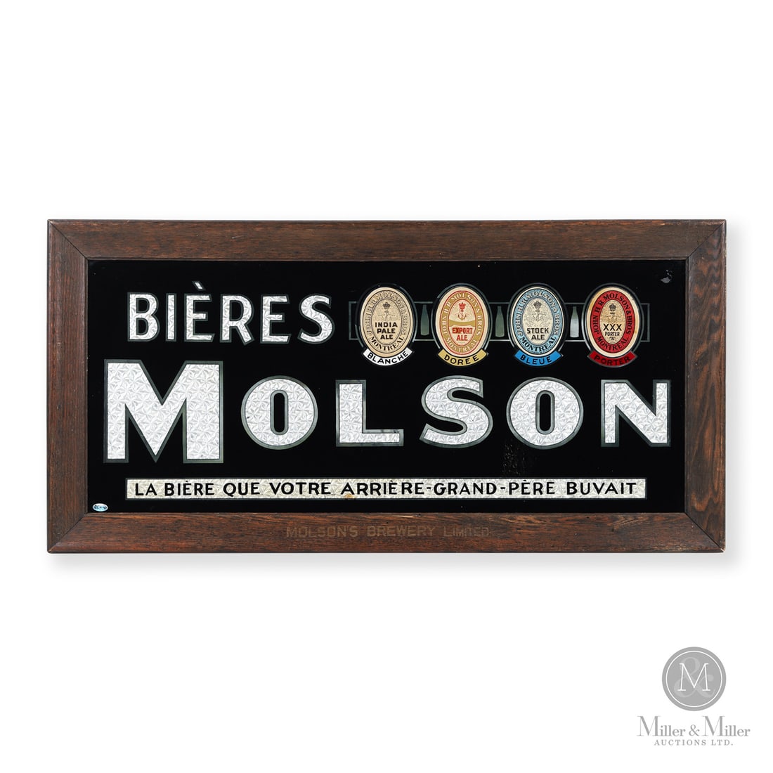 Molson's Beers Reverse on Glass Framed Sign: Canadian. 1930s. Reverse glass with applied beer bottle labels. Marked wood frame. Features four actual beer bottle labels presented behind glass. Marked, "Molson's Brewery Limited", lower frame. Grad