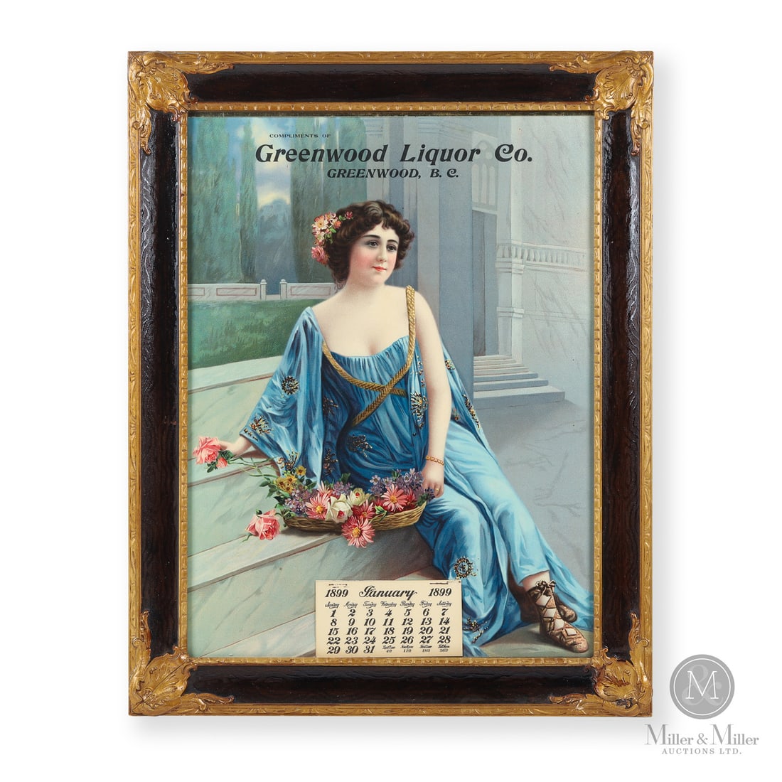 Greenwood Liquor Co., British Columbia 1899 Calendar: Canadian. 1899. Single-sided lithographed paper. Framed. During the era, Greenwood British Columbia was a thriving copper-mining hub. The Greenwood Liquor Co. was a wholesaler that operated during the