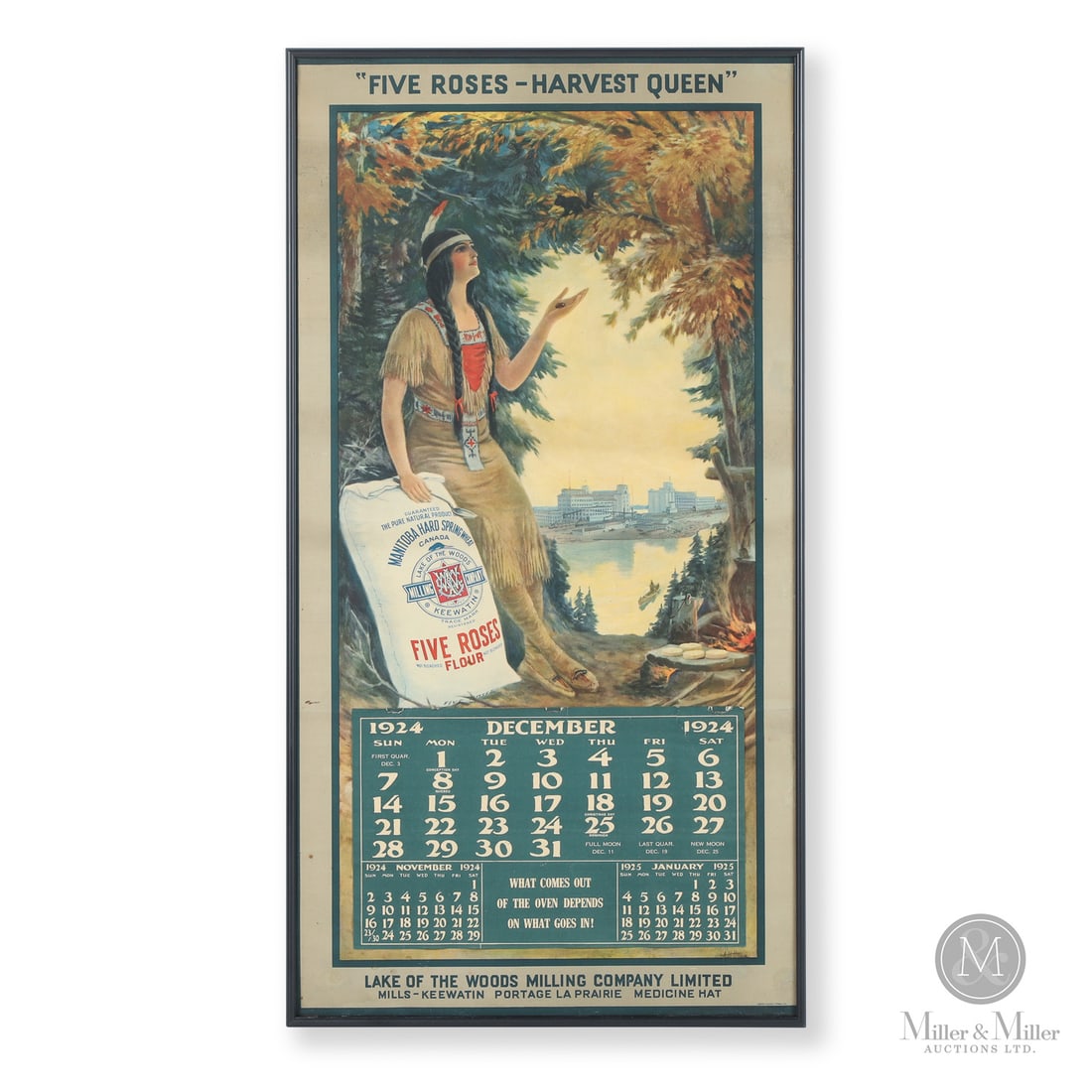 Five Roses Flour "Harvest Queen" 1924 Calendar: Canadian. 1924. Single-sided lithographed paper. Framed. Five Roses and Harvest Queen were the two primary brands of flour produced by the Lake of the Woods Milling Company, established in 1888 in Kee