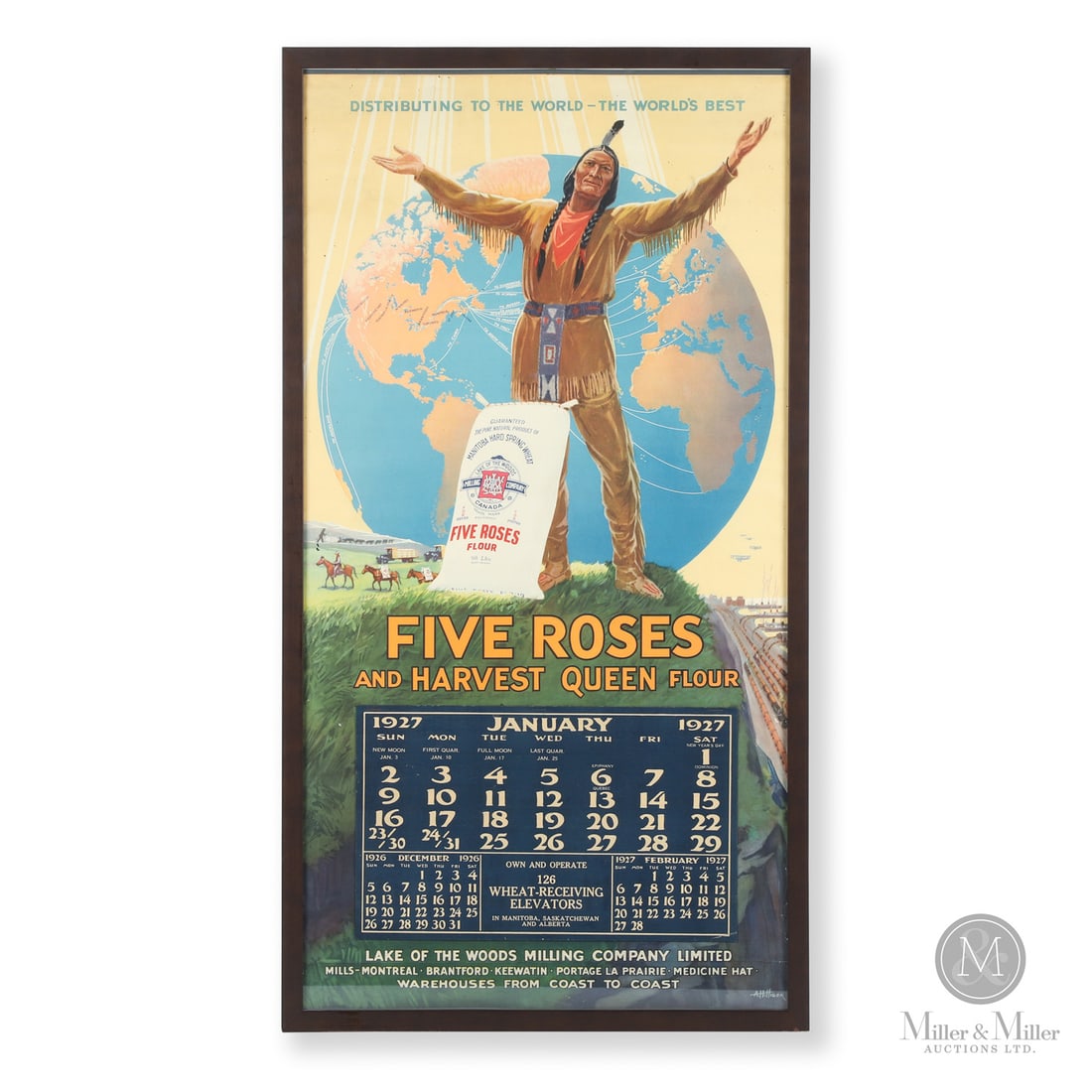 Five Roses and Harvest Queen Flour 1927 Calendar: Canadian. 1927. Single-sided lithographed paper. Framed. Marked, by illustrator "A.H. Hider", lower right corner. Retains excellent colour. Horizontal crease across the lower quarter. Closed tear to l