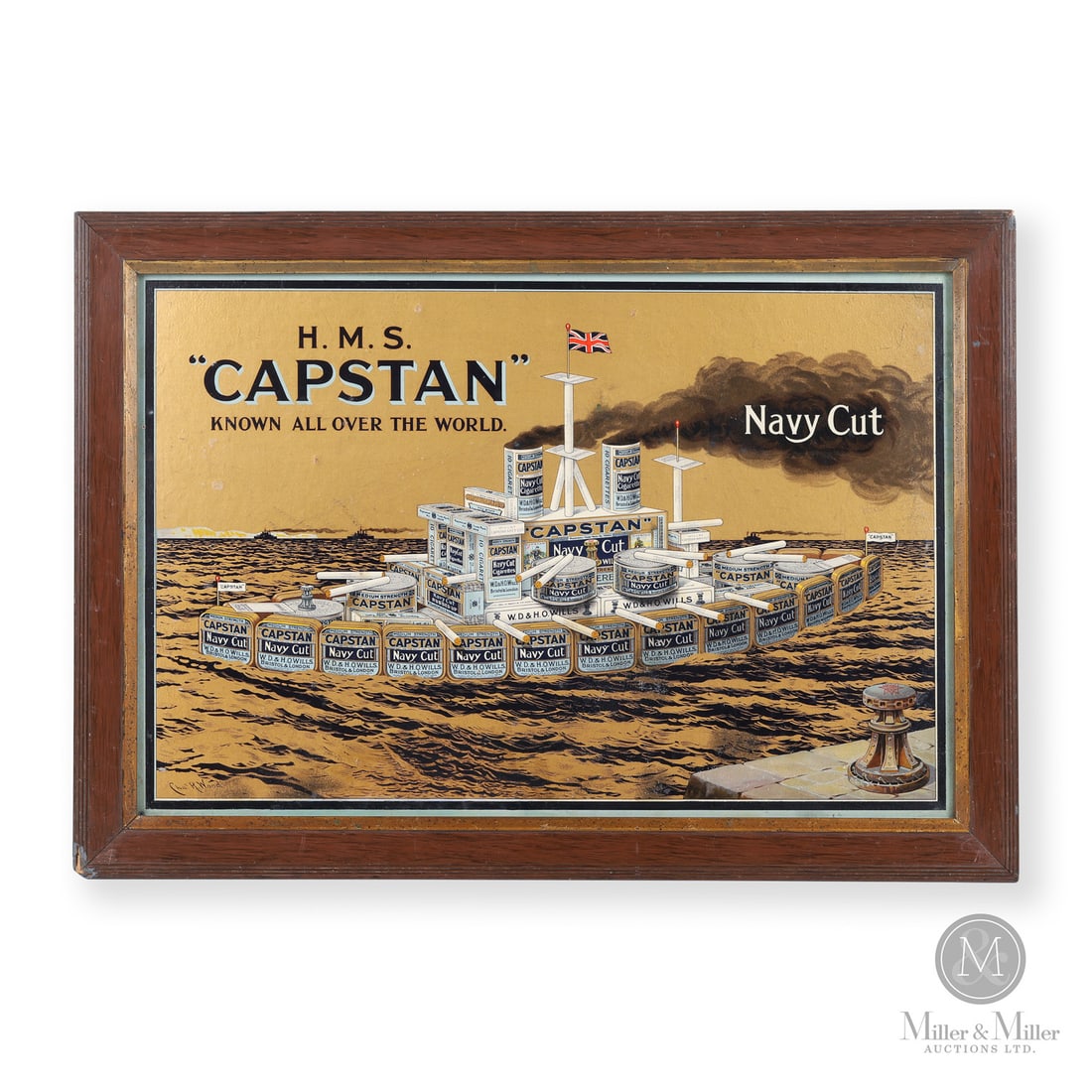 Wills H.M.S Capstan Navy Cut Cigarettes "Product Model" Poster: British. Late 1940s-1950s. Single-sided lithographed cardboard (SSC). Framed. The H.M.S. Capstan advertisement was a creative "product model" marketing campaign by the W.D. & H.O. Wills tobacco compan