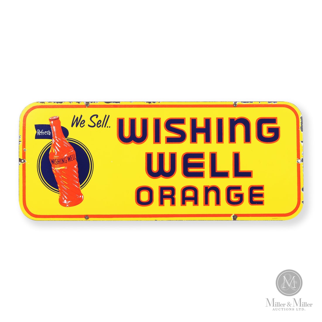 Wishing Well Orange Door Kick Sign: Canada. 1954. Single-sided porcelain (SSP). Wishing Well soda was produced by National Dry Limited, a company based in London, Ontario that was formed around 1932. National Dry was a pioneer in the so