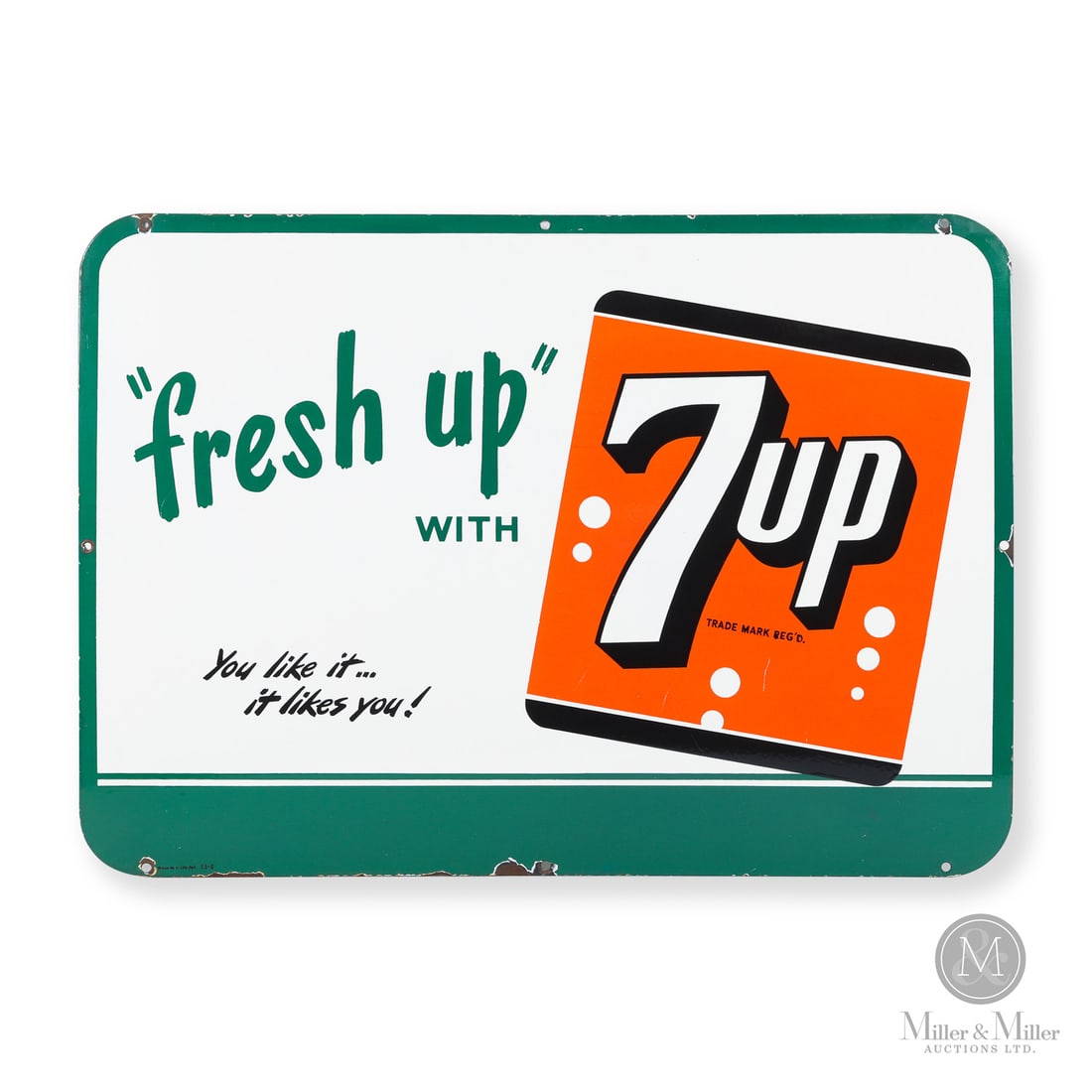 7-Up Oversized Door Kick Sign: Canadian. 1948. Single-sided porcelain (SSP). You like it...it likes you! Marked, "Rand M.P. Ltd./48 13-E", lower edge. Grade: 9. Excellent colour and gloss. Minor scuffs and scratches. Edge chips. Re