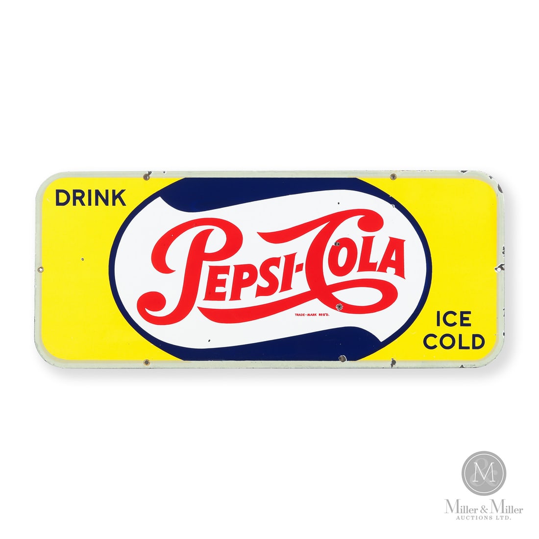 Pepsi-Cola Door Kick Sign: Canada. 1950s. Single-sided porcelain (SSP). Marked "P&M Orillia" at lower right edge. Grade: 8.25. Excellent colour and gloss. Three non-factory mounting holes with minor chips in the field and one a