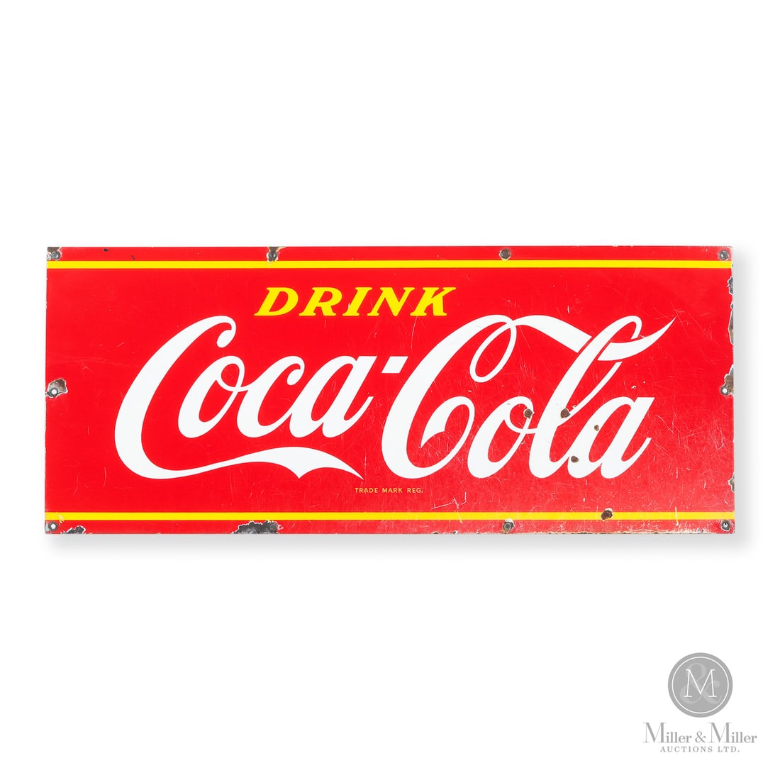 Coca-Coca Door Kick Sign: Canadian. 1960s. Single-sided porcelain (SSP). Grade: 8. Untouched original condition. Heavy abrasions with loss to luster in the lower right quarter. Porcelain losses surrounding mounting holes. Edge