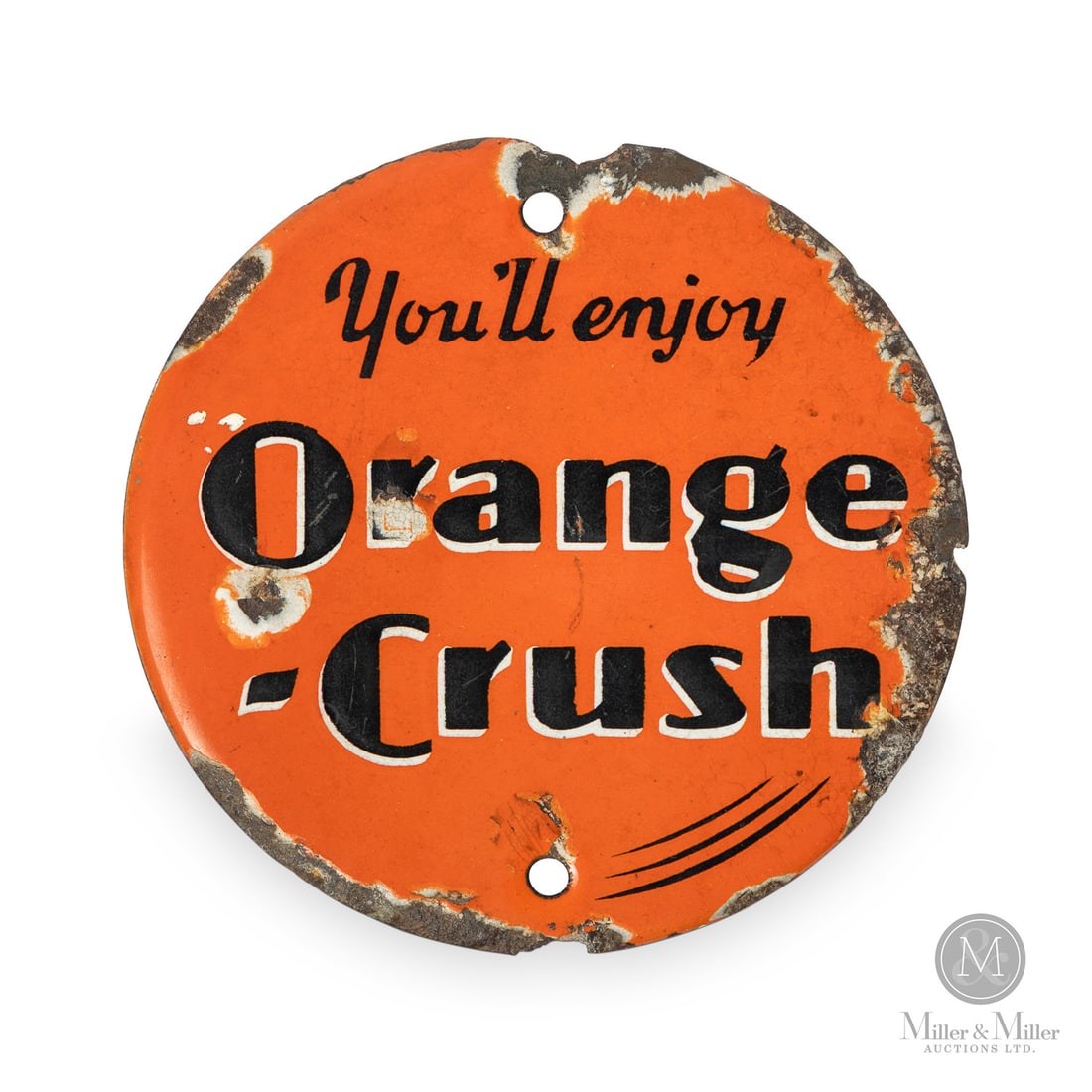 Orange Crush Circular Door Push Sign: Canadian. 1930s. Single-sided porcelain (SSP). Grade: 7.5. Scarce. Good colour and gloss. Edge fraying. Chip, particularly a chip affecting the "r" in "orange" and above and below the "o" in "orange".