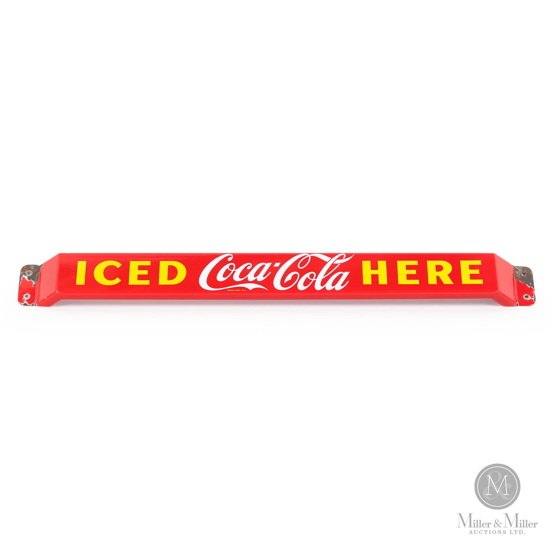 Coca-Cola Door Push Bar: Canada. 1958. Single-sided porcelain (SSP). Marked "Made in Canada 1958 P & M" on reverse. Grade: 8.5. Excellent colour and gloss. Edge chips and porcelain loss surrounding mounting holes. Retains thr