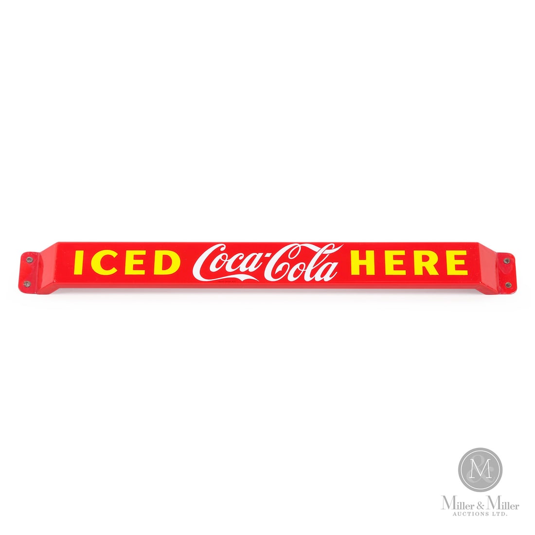 Coca-Cola "Iced Here" Door Push Bar: Canadian. 1952. Single-sided porcelain (SSP). Marked, "Made in Canada 1952 P&M", on reverse. Grade: 8.5. Excellent colour and gloss. Chips surrounding mounting holes with touch-up. Retains all origina