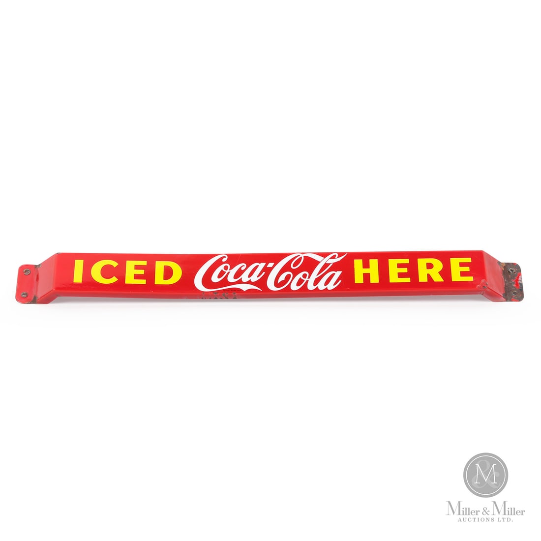 Coca-Cola "Iced Here" Door Push Bar: Canadian. 1953. Single-sided porcelain (SSP). Marked, "Made in Canada 1953 P&M", on reverse. Grade: 8.25. Excellent colour and gloss. Minor bends with porcelain loss to extreme edges. Porcelain nick t