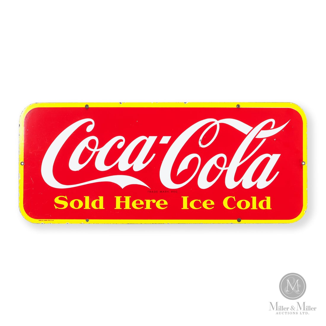 Coca-Cola "Sold Here Ice Cold" Door Kick Sign: Canadian. 1948. Single-sided porcelain (SSP). Marked, "Made in Canada - 1948 P&M", lower left edge. Grade: 8.75. Excellent colour and gloss. Minor surface and edge nicks, scratches, and scuffs. Soil a
