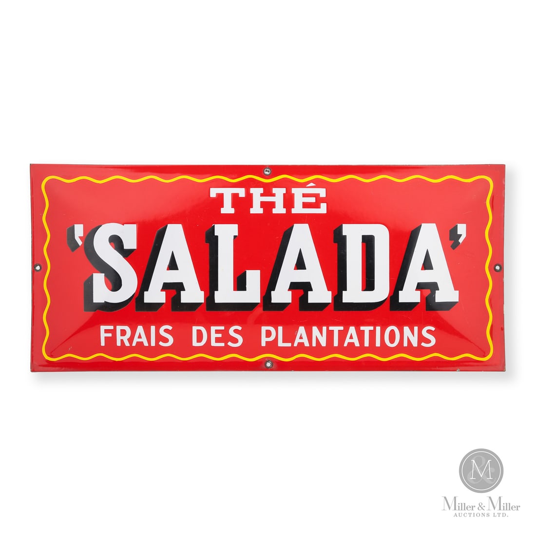 Salada Tea "Frais Des Plantations" Convex Sign: Canadian. 1930s. Single-sided porcelain (SSP). This is a rare French version of the "Fresh From The Gardens" campaign used by Salada Tea to emphasize freshness through innovative packaging, which was