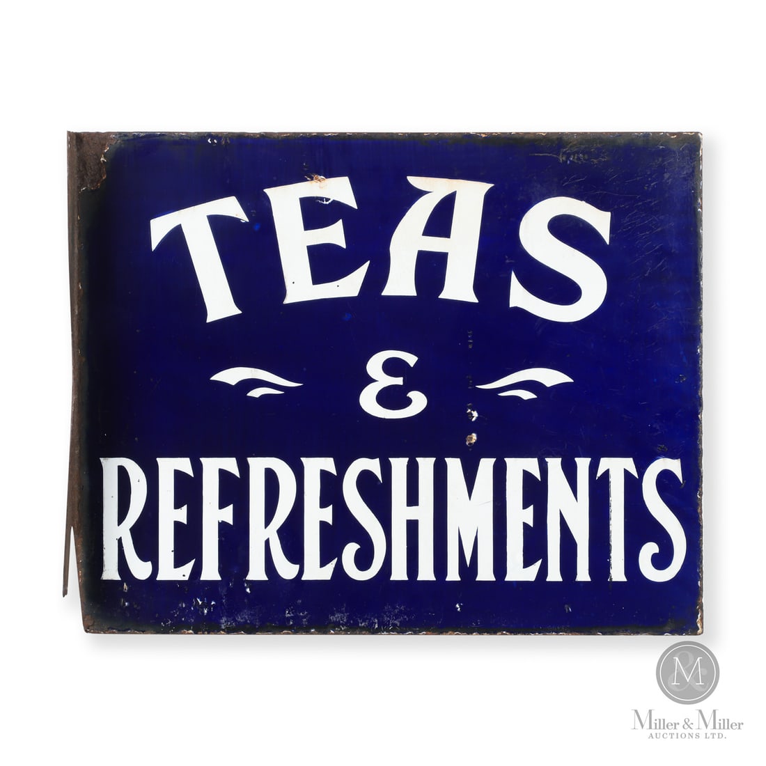 Early Teas & Refreshments Flange Sign: United Kingdom. 1920s. Double-sided porcelain (DSP). These generic signs were commonly used across the United Kingdom, found mostly at railway stations, tea rooms and cafes, from the Victorian era onw