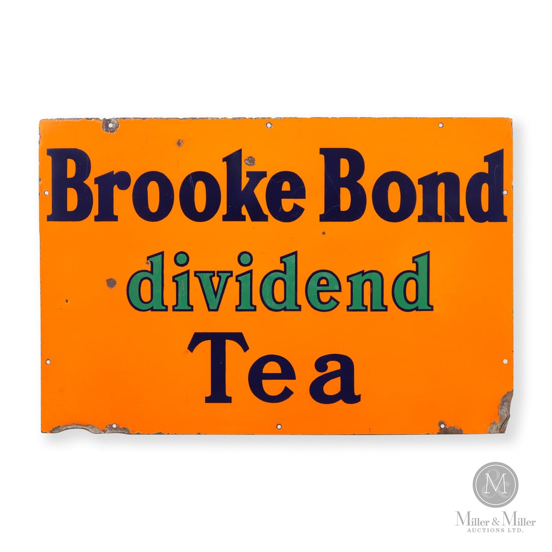 Brooke Bond "Dividend" Tea Sign: United Kingdom. 1930s. Single-sided porcelain (SSP). The Brooke Bond dividend program was a loyalty scheme designed to help working-class families save money by rewarding them for every packet of tea