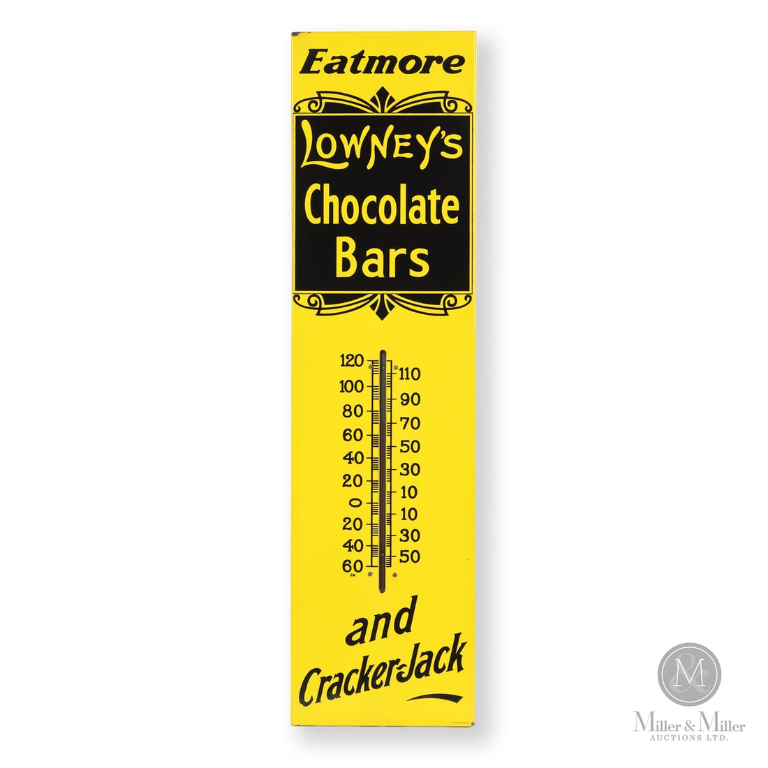 Lowney's Chocolate Bars Thermometer: Canada. 1930s. Single-sided porcelain (SSP). This is a rare "combination sign" that advertises two products, namely Eatmore and Cracker-Jack. This thermometer was a promotional item created by the Wal