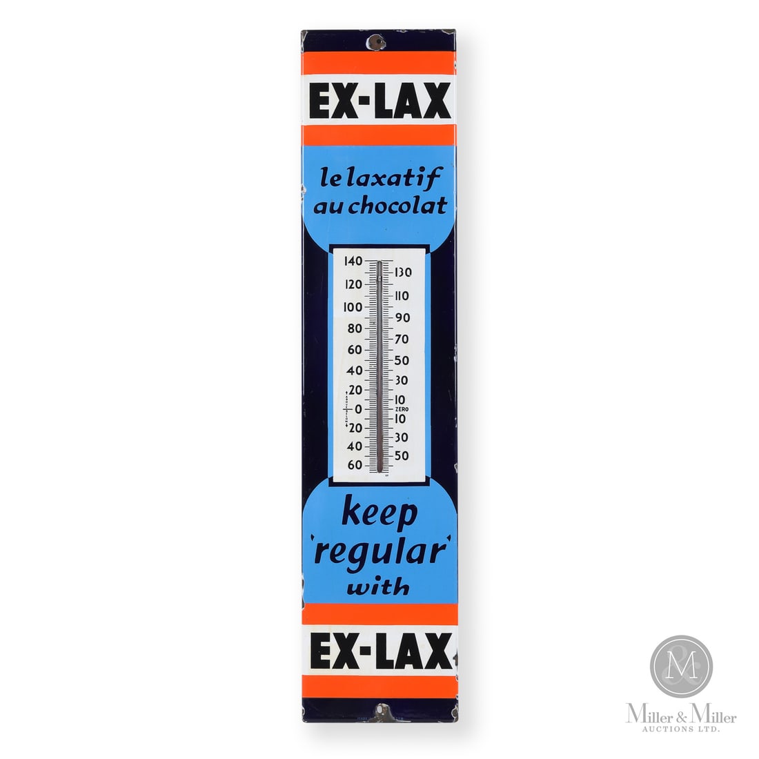 Ex-Lax Chocolate Laxative Thermometer: U.S.A. 1940s. Self-framed single-sided porcelain (SSP). This sign, featuring french and english script, was produced for the English and French-Canadian markets for use in local grocery and general st