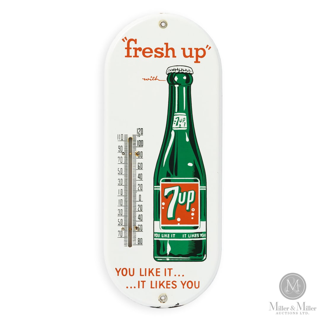 7-Up "You Like it...It Likes You!" Thermometer: Canadian. 1950s. Single-sided porcelain (SSP). "Fresh up". You like it...it likes you. Classic 7-up thermometer. Colourful bottle graphic. Grade: 8.75. Excellent colour and gloss. Edge loss to porcela