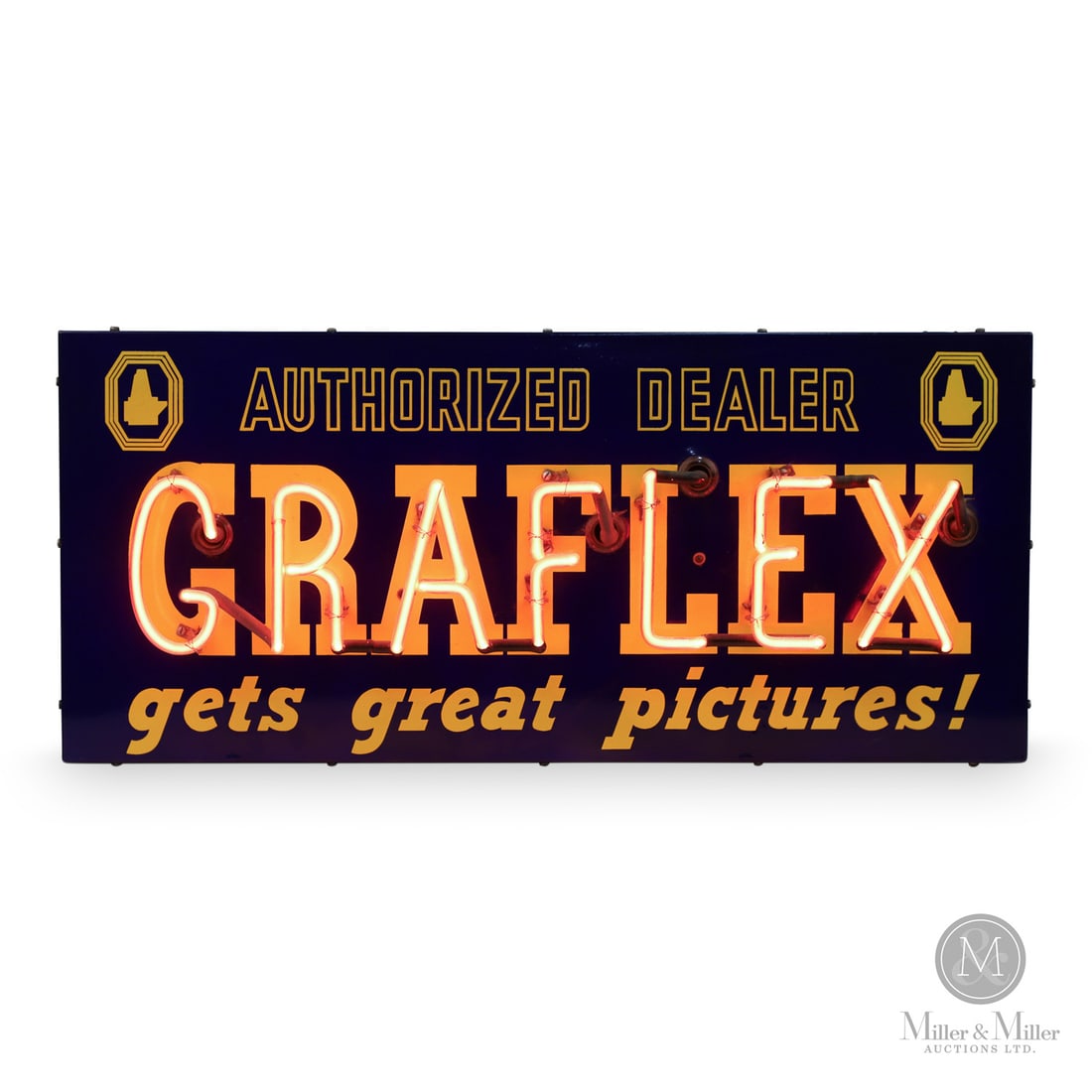 Graflex Camera Flash Neon Sign: U.S.A. 1940s-Early 1950s. Single-sided porcelain (SSP). Graflex refers to a renowned line of professional cameras and photographic equipment manufactured by the American company Graflex, Inc., The com