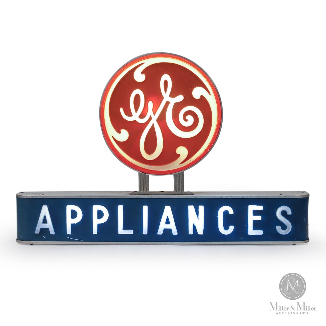 General Electric GE Appliances Sign: U.S.A. 1950s. Molded plastic and aluminum case. Marked "4 47 Union Label Lackner Sign Co. Cincinnati Ohio" on reverse of base. Original condition. Plastics are good but with discolouration and crazing