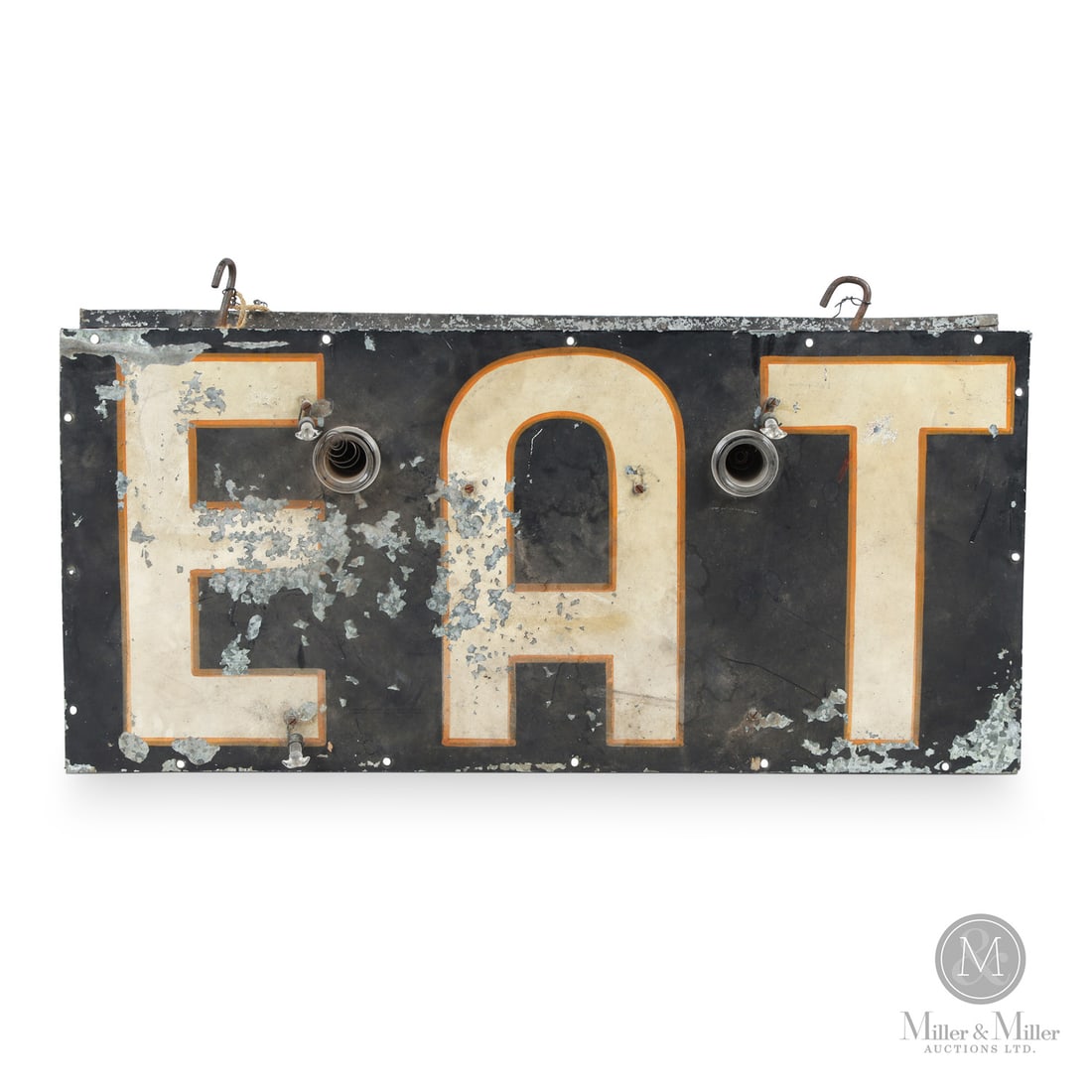 "EAT" Neon Diner Sign: Canada. 1930s. Single-sided painted metal (SSPM). Partial decal from Canadian Standards Association on reverse. Original condition. Active paint flaking to surface. Creasing with loss to upper left co