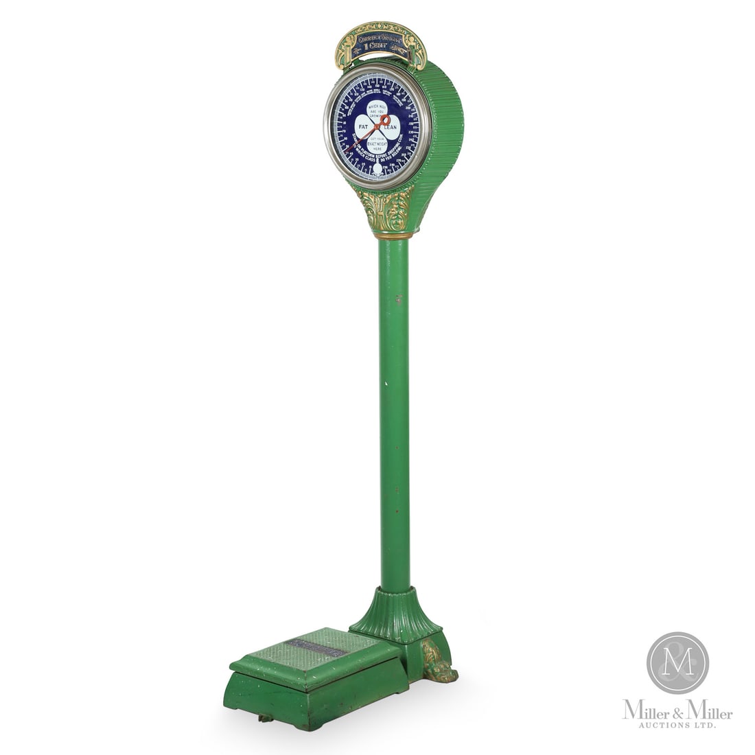 Hub Novelty Co. Coin-Op Penny Scale: American. Early 1900s. Painted cast iron, porcelain over steel dial face. An exceptional coin-operated penny weigh scale in the highly sought-after lollipop-style floor configuration. This classic exa