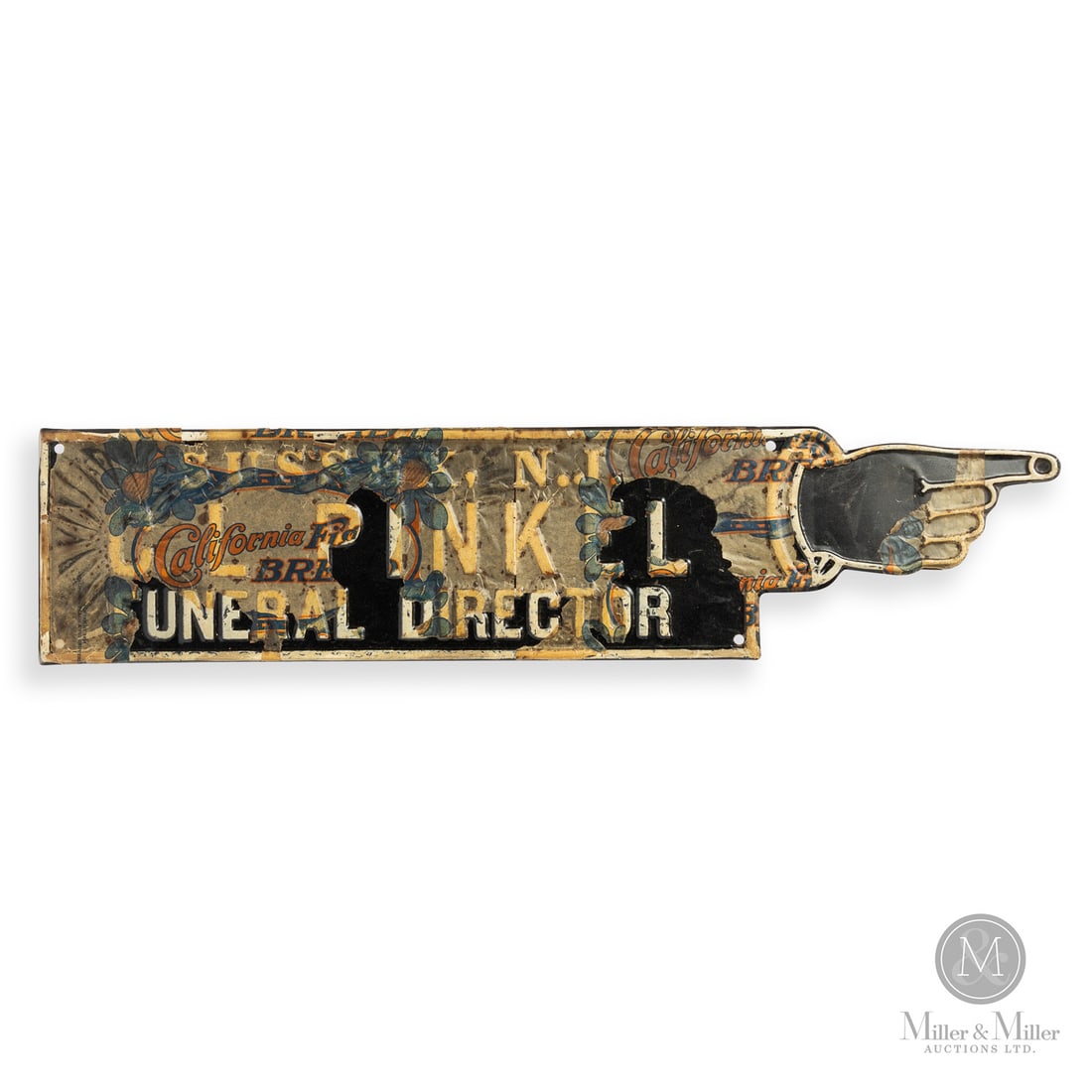C.L. Pinkel Funeral Director "Pointing Finger" Sign: U.S.A. 1920s.. Die-cut embossed single-sided tin (ESST) Pinkel Funeral Homes is one of the oldest funeral homes in New Jersey. It was established in 1885 by G. Edwin Pinkel who, in the 1920s, handed t