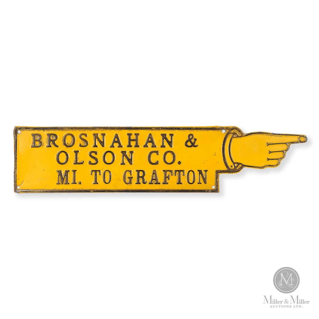 Brosnahan & Olson Co. John Deere Agency "Pointing Finger" Sign: U.S.A. 1910s-1920s.. Die-cut embossed single-sided tin (SST). Brosnahan and Olson Co. was a prominent dealer of farm implements and related hardware and was famous for its partnership with John Deere.