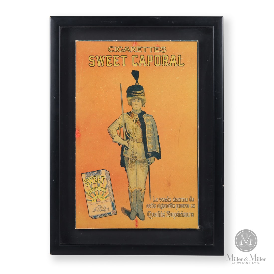 Sweet Caporal Cigarettes Easel Sign: Canadian. 1920s. Single-sided die-cut cardboard with easel back (SSC). Minor fade. Faint horizontal crease intersecting the middle. Touch-ups to a scratch and a pinhole along the upper edge and lower