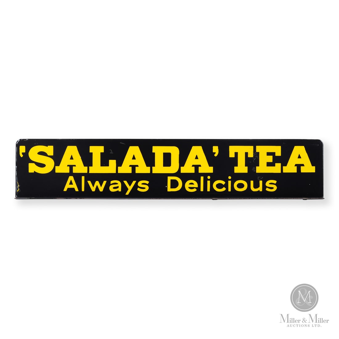 Porcelain Salada Tea Toujours Delicieux/Always Delicious Bilingual Topper Sign: Canadian. 1940s. Double sided porcelain (DSP). A scarce porcelain advertising topper produced for display atop a general store paper dispenser, promoting Salada Tea with the bilingual slogan “Toujou