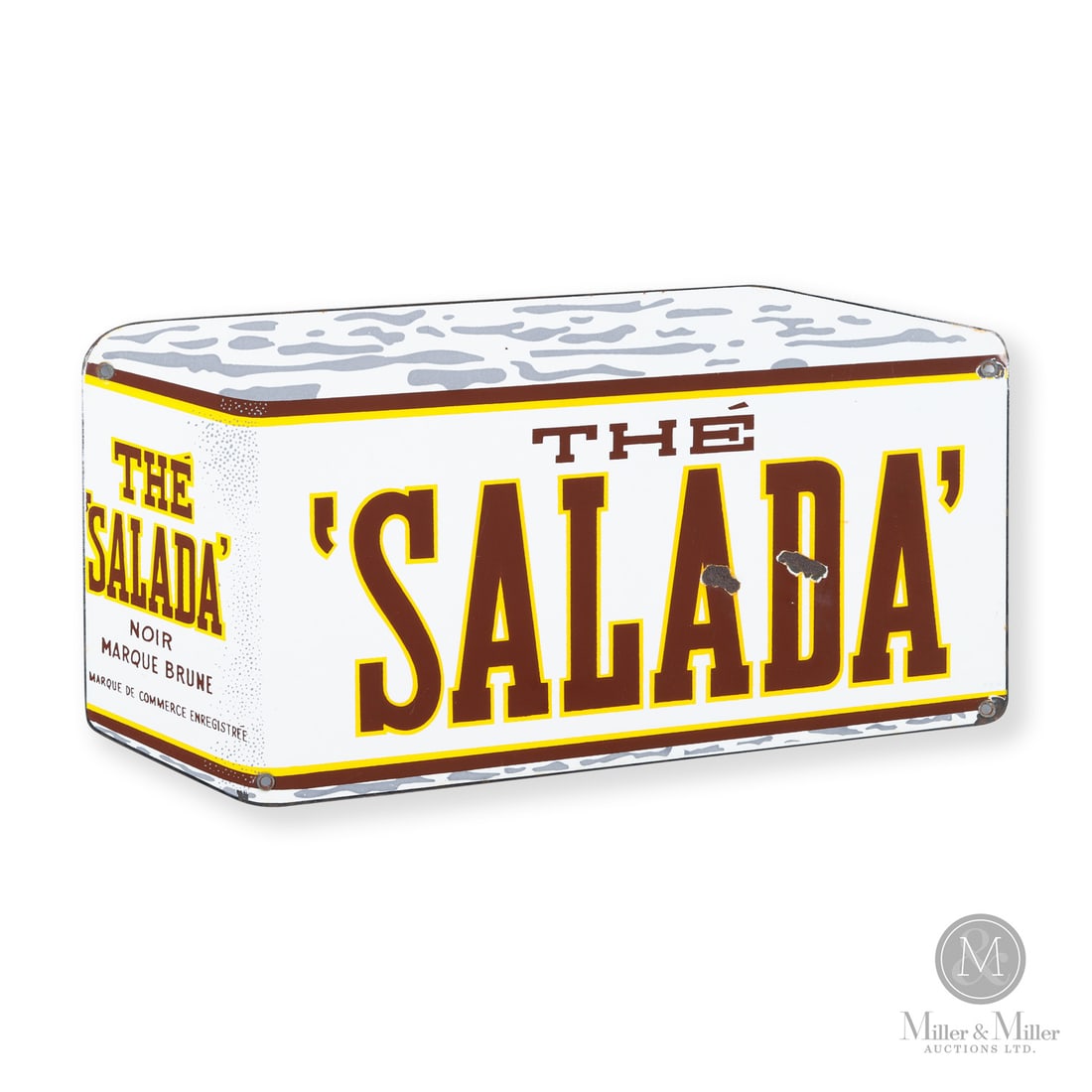 Salada Tea Box Sign: Canada. 1930s. Die-cut single-sided porcelain (SSP). This sign, featuring French script, was specifically produced for the French Canadian market for use in local grocery and general stores. Marked "P