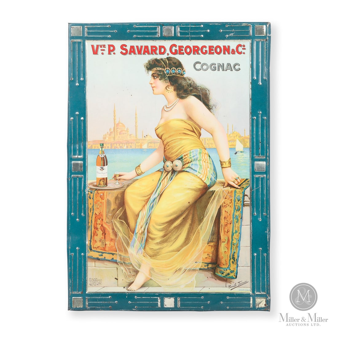 V.P. Savard Georgeon & Co. Cognac Sign: Italy. 1901-1907. Self-framed single-sided tin (SST). This sign is an interesting piece of both French and Italian distillery history. During the era, European trade was very fluid. A French company w